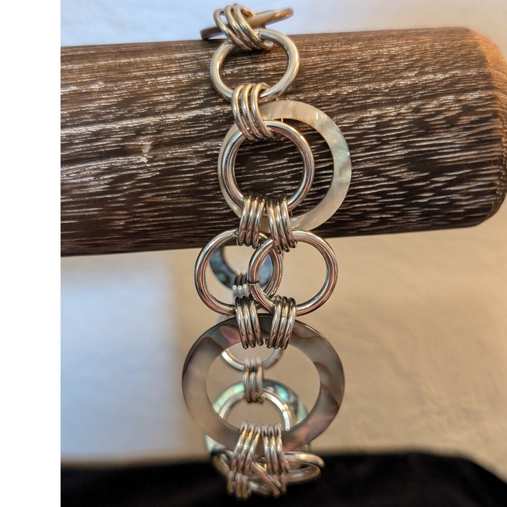 Faux Abalone Shell Silver Tone Chain Link Toggle Bracelet
